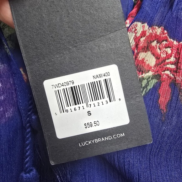 Lucky Brand Floral Sheer Tassel Blouse Womens Small‎ Blue Boho Airy Popover Top - Picture 6 of 13
